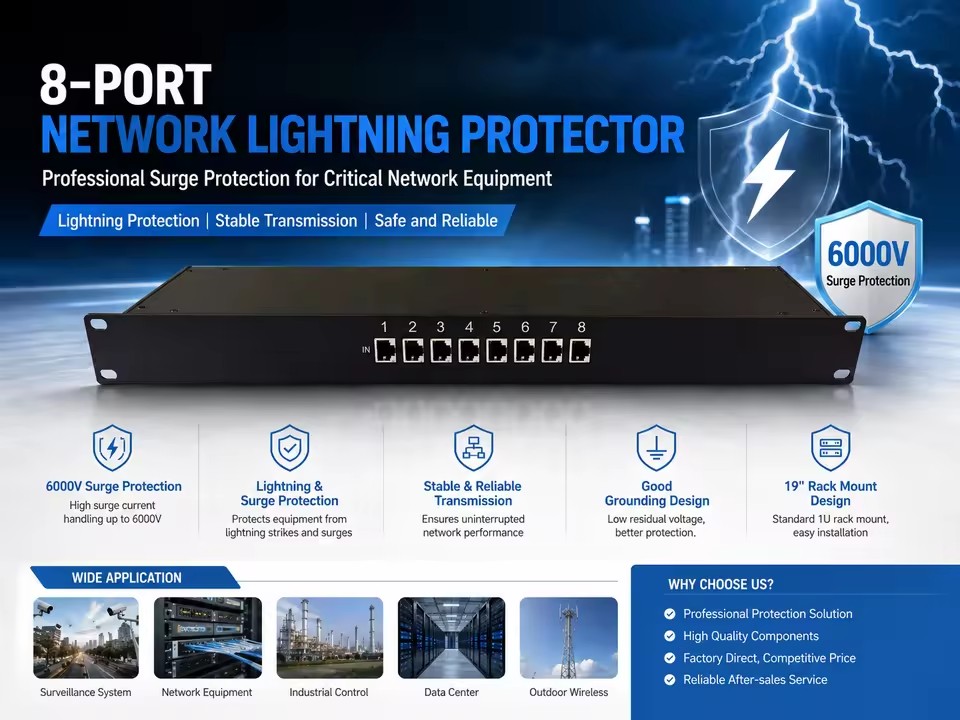 8 Port Rack Mount Ethernet Surge Protector Gigabit RJ45 PoE Network Lightning Protector 6KV 10KV