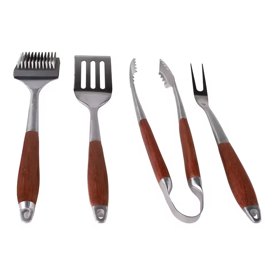 SEB Stainless & Solid Wood BBQ Grill Tool Set-Heat Resistant Anti-Scald Grip Rust-Proof Outdoor Barbecue & Camping