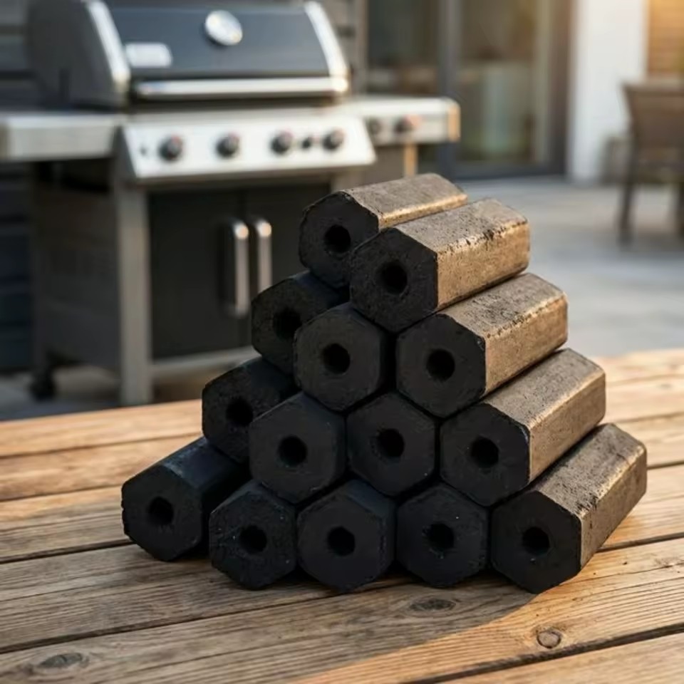 Premium Smokeless Eco-friendly BBQ Black Charcoal Coconut Shell Sticks Hexagonal Pattern 95% Hardness 4-6 Hours Burning Time