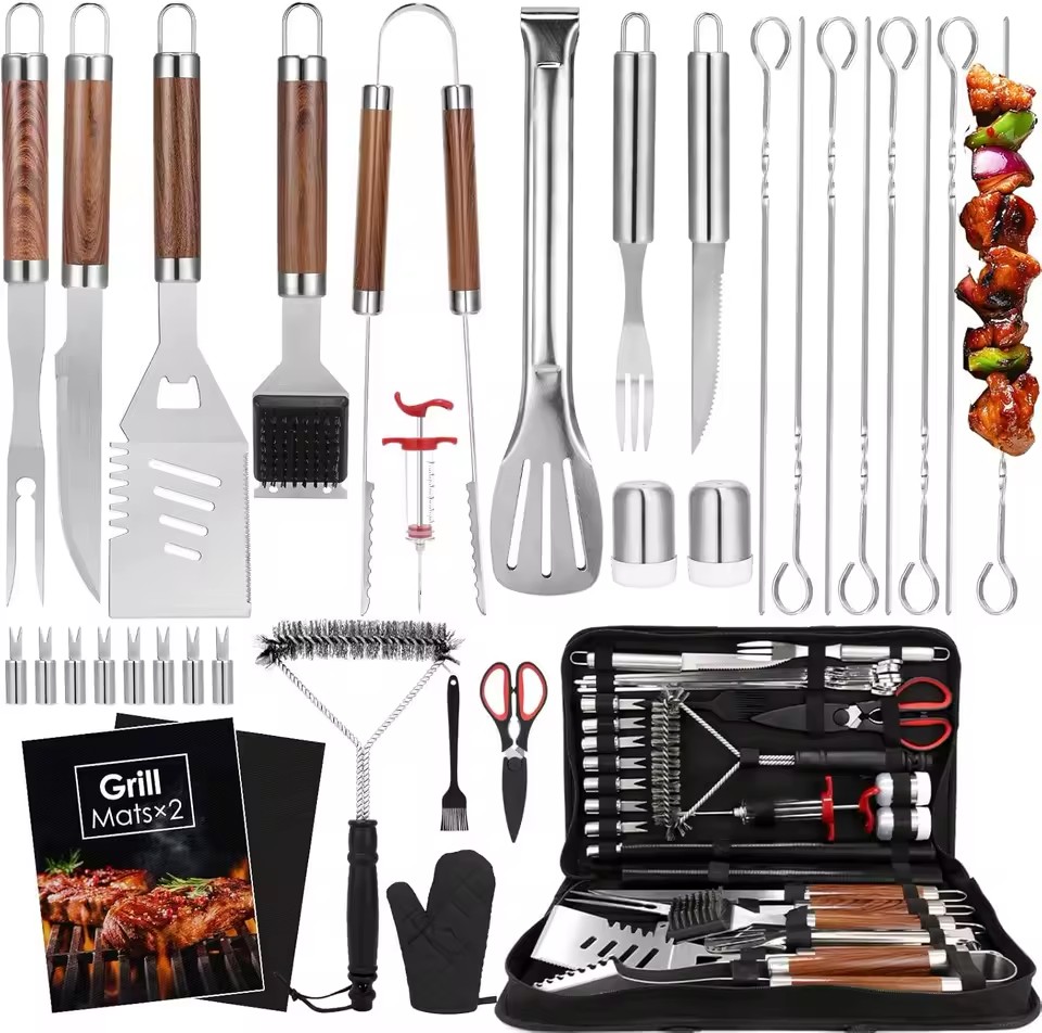SEB Stainless Multi-Piece BBQ Grill Tool Set with Anti-Scald Wood Grain Handle for Outdoor Use-Flip Cut & Skewer Making