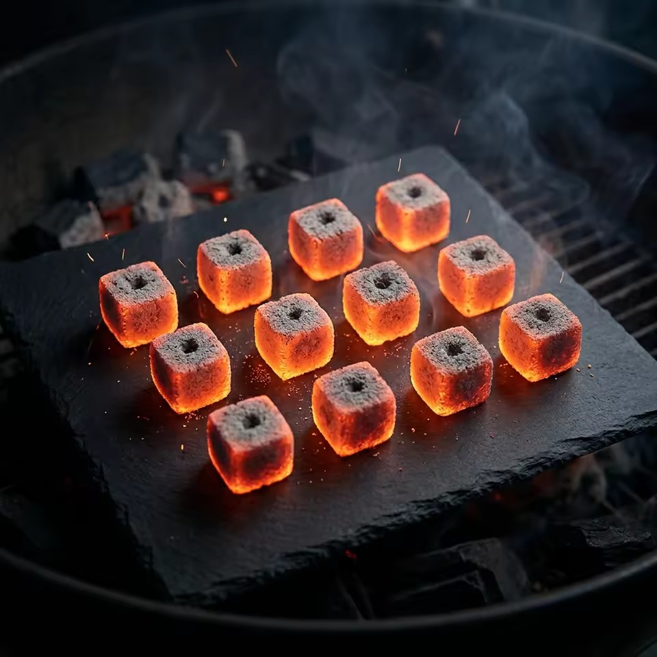 Coconut shell charcoal briquettes, perfectly designed as cubes for your hookah needs