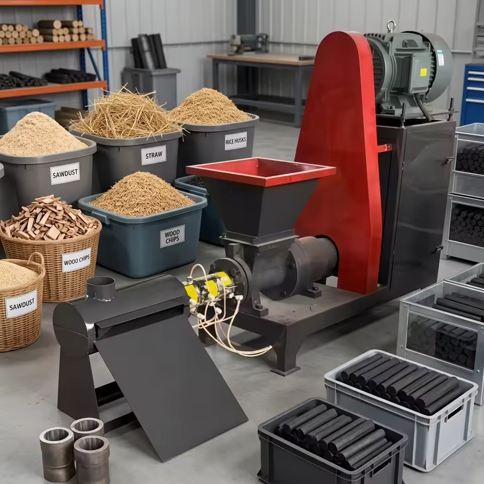 Screw Biomass Briquette Extruder Sawdust Straw Rice Husk Wood Charcoal Rod Making Machine BBQ Biofuel Stick Briquette Press