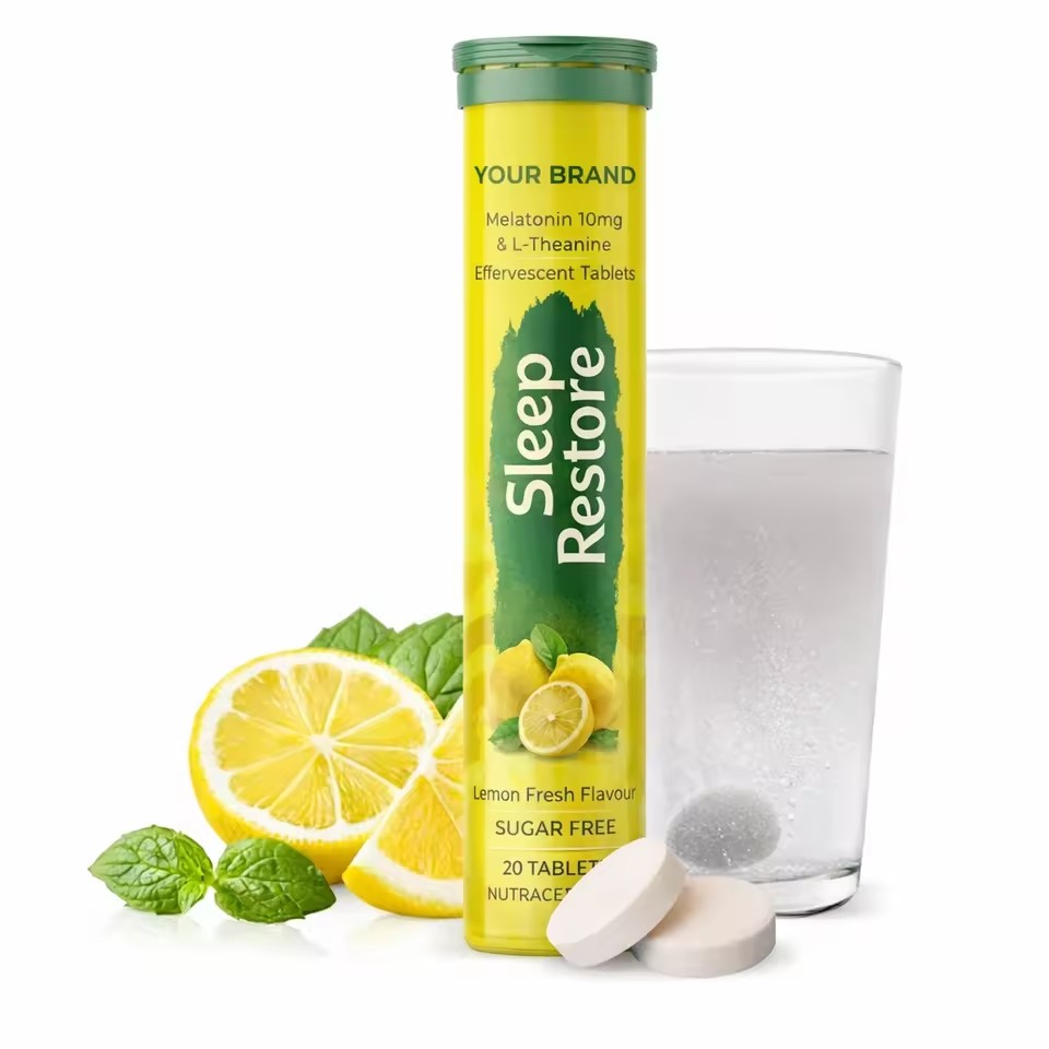 Melatonin L Theanine Effervescent Tablets Lemon Flavor Sleep Support Relaxation Stress Relief Sugar Free 20 Tablets