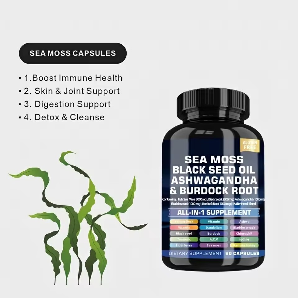 HDK OEM ODM Sea Moss Capsules 92 Minerals Irish Sea Moss Supplement for Immune Thyroid Digestive Health Private Label Capsule