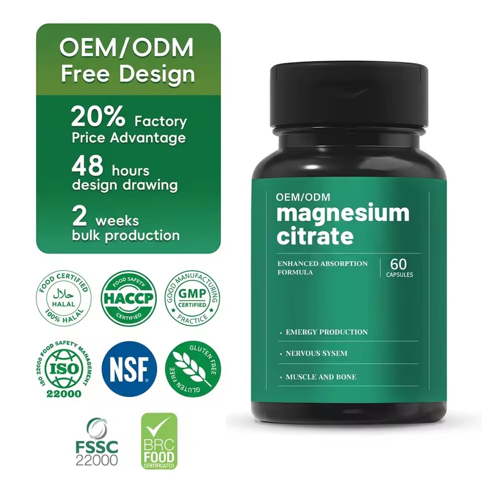 OEM/ODM Private Label Magnesium Citrate Capsules High Absorption Bioavailable Muscle Recovery Relaxation Sleep Support Vegan