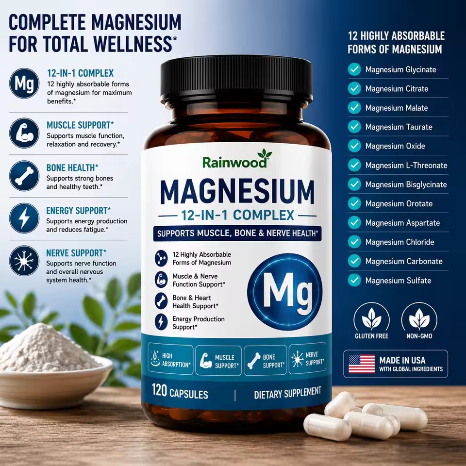 OEM Magnesium 12-IN-1 Complex Capsules Supports Muscle Bone Health Gluten Free Magnesium 12-IN-1 Complex Capsules
