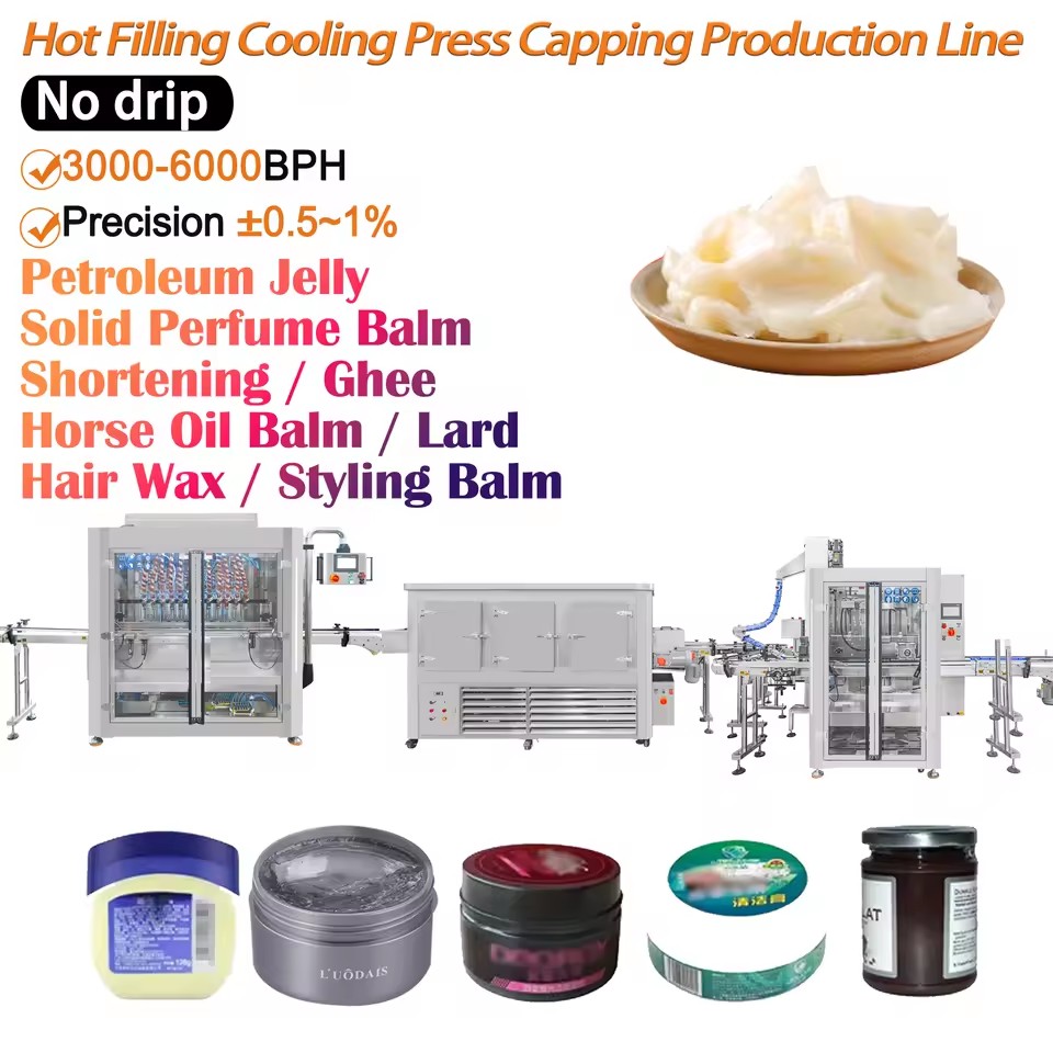 Hot Filling Cooling Press Capping Production Line 12Head Heated Piston Wax Filling Machine Hair Wax Petroleum Jelly Solid Balm