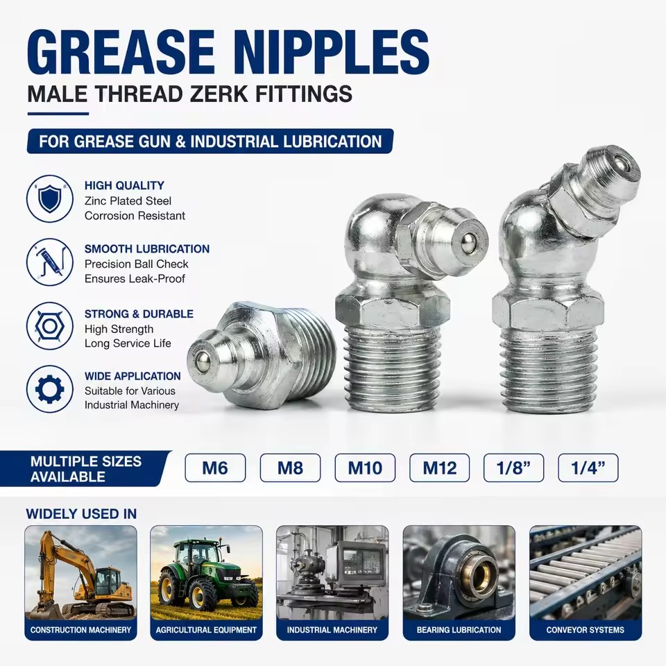 Wholesale M6 M8 M10 M12 1/8 1/4 Zinc Plated Steel Grease Nipples Male Thread Zerk Fittings Industrial Lubrication Supplier