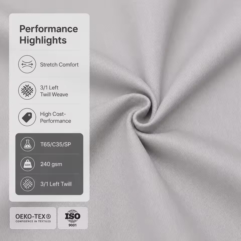 Polyester Cotton Fabric with Spandex Woven 240gsm Twill Roll for Anti-Static Industrial Workwear Uniforms
