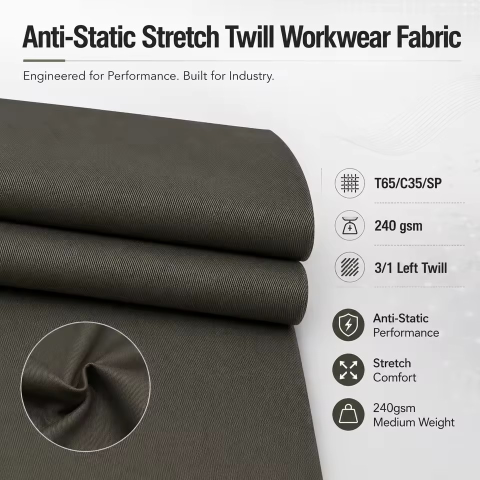 Anti Static Stretch Twill Fabric T65/C35/SP Woven 240gsm for Electronics ESD Workwear Uniforms Use