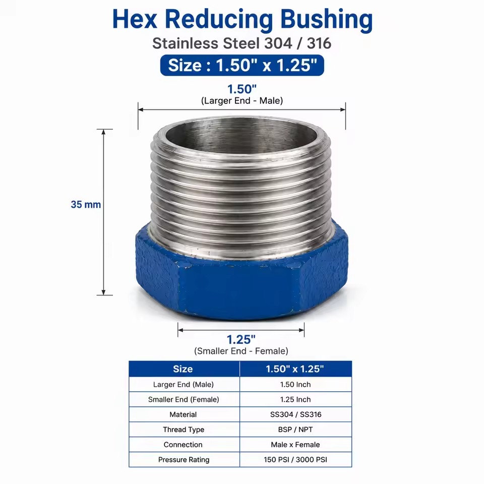 1-1/2 X 1-1/4 Stainless Steel Hex Reducing Bushing NPT Male X Female Thread High Pressure Corrosion Resistant Painting Pipe