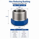 1-1/2 X 1-1/4 Stainless Steel Hex Reducing Bushing NPT Male X Female Thread High Pressure Corrosion Resistant Painting Pipe