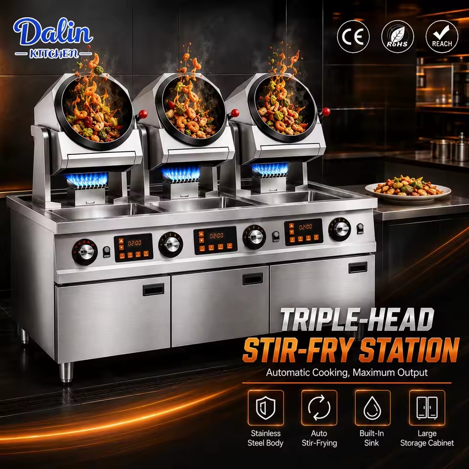 3 Heads Factory Direct Seller Automatic Fried Rice Wok Cooking Machine Commercial Restaurant Equipment Rice Cooker with Cabinet