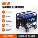 4kW Portable Gasoline Generator 4000W Open Frame Petrol Generator Air Cooled Small Gas Generator for Home Backup Outdoor Power