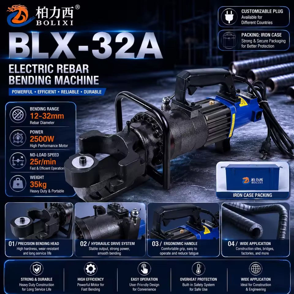 Professional 110V 220V BLX-32A Electric Hydraulic Rebar Bender 12-32mm Automatic Steel Bar Bending Machine 0-130 Degree Bolixi