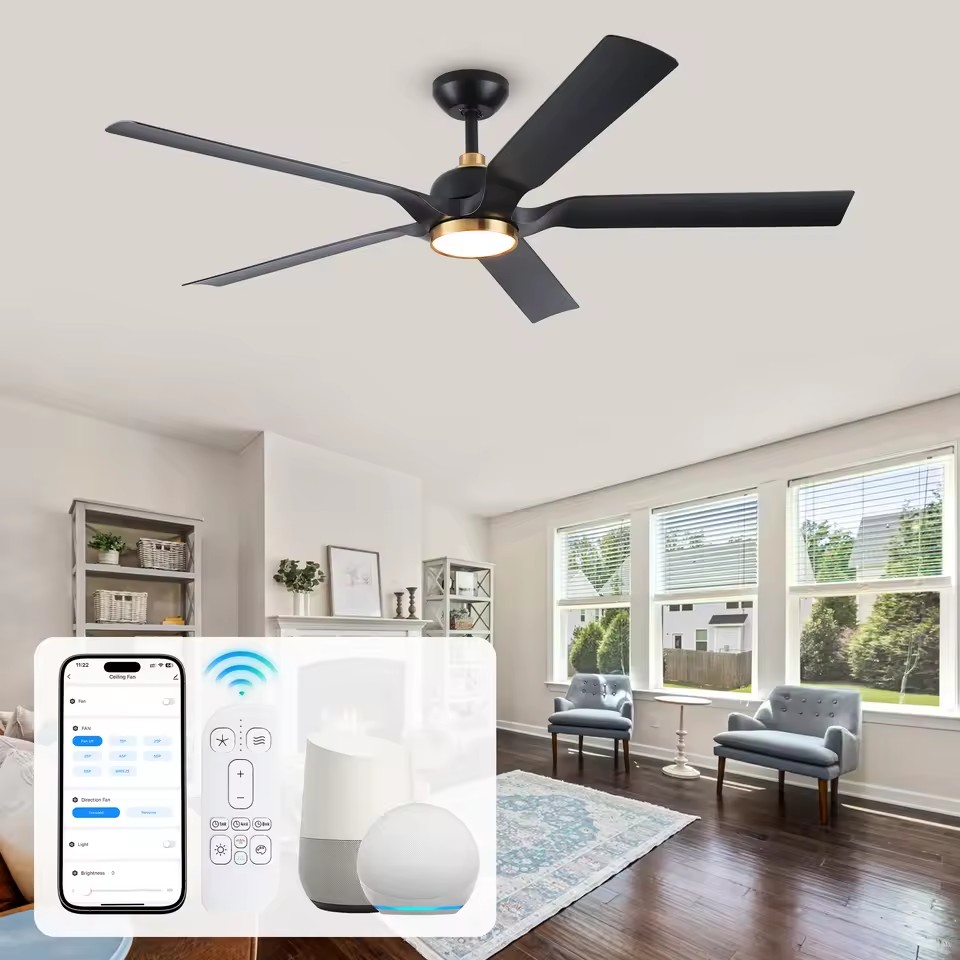 BLDC Motor 60 Inch Smart LED Electric Ceiling Fan Alexa/App/Remote Control 5 ABS Blades Black Gold Finish Outdoor Energy Saving