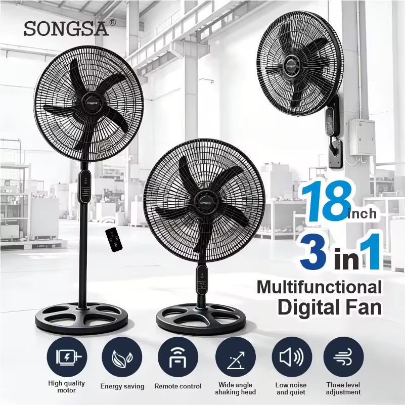 Heavy Duty 17.9-Inch Plastic Remote Control Adjustable Height Energy Efficient Oscillating Industrial Electric Standing Fan