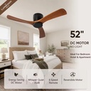 52 Inch Bedroom Ceiling Fan No Light,Wood Ceiling Fan with Remote Control,Modern Flush Mount Ceiling Fan with DC Motor