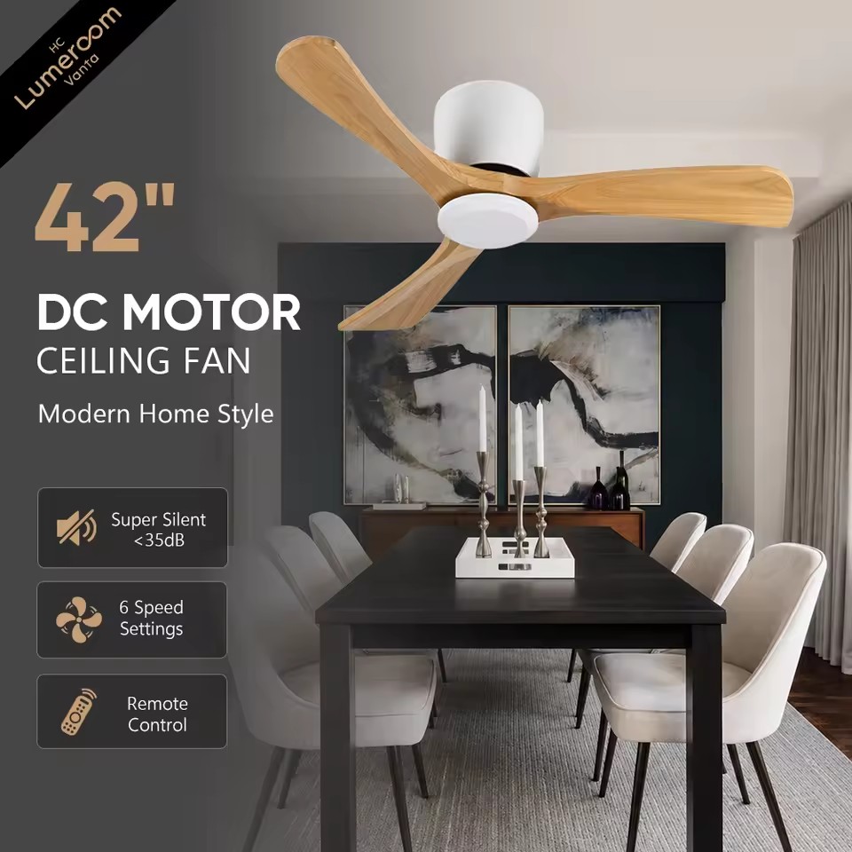 42 Inch Wood Ceiling Fan with Remote Control, Low Profile Quiet DC Motor Ceiling Fan for Bedroom Living Room Indoor