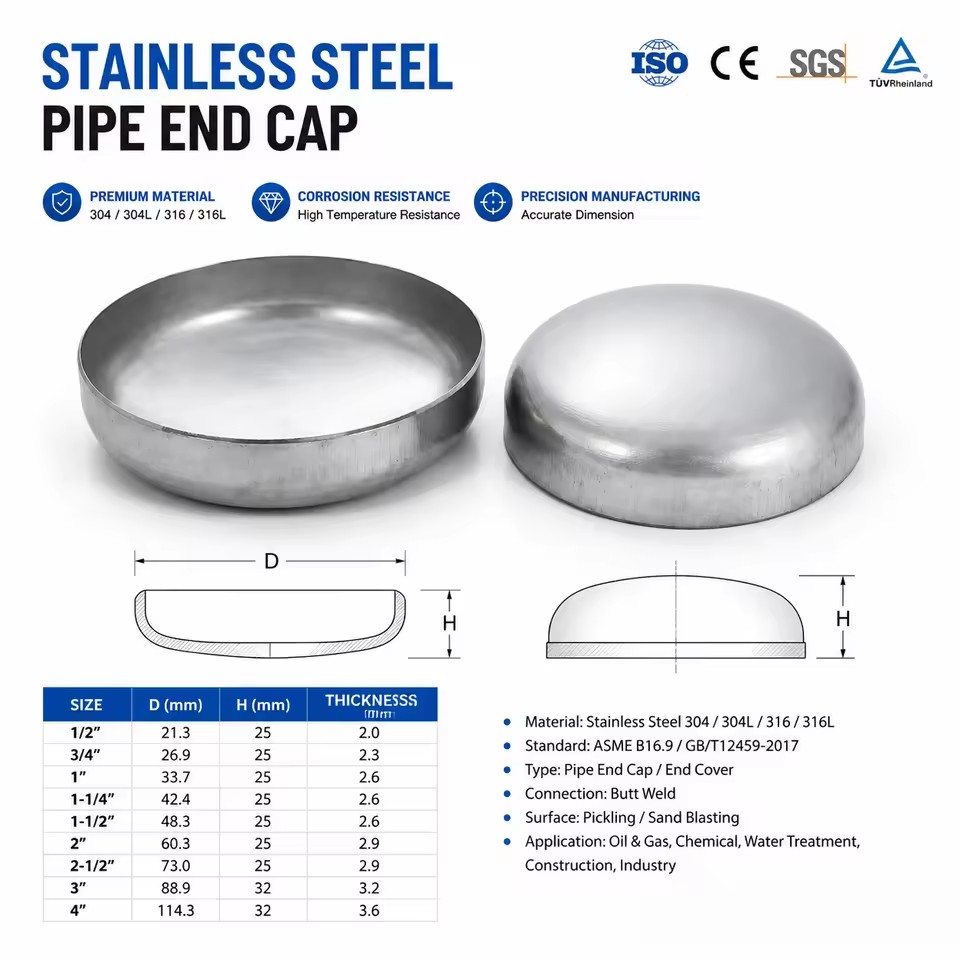 Customizable Wenzhou Seamless Stainless Steel 304/316 Welding Round End Cap Water Pipe Fittings