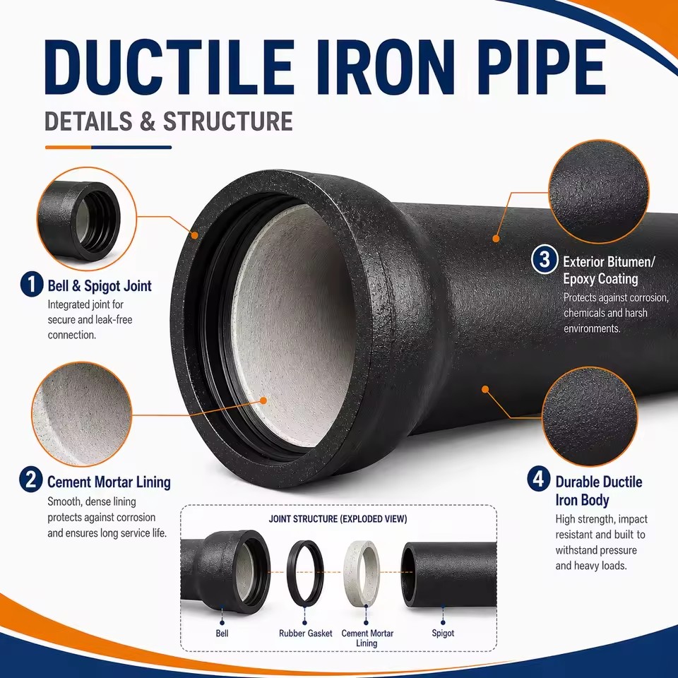 K7 K8 K9 C40 C30 C25 Seamless Ductile Iron Round Water Pipe for Pipeline Cutting