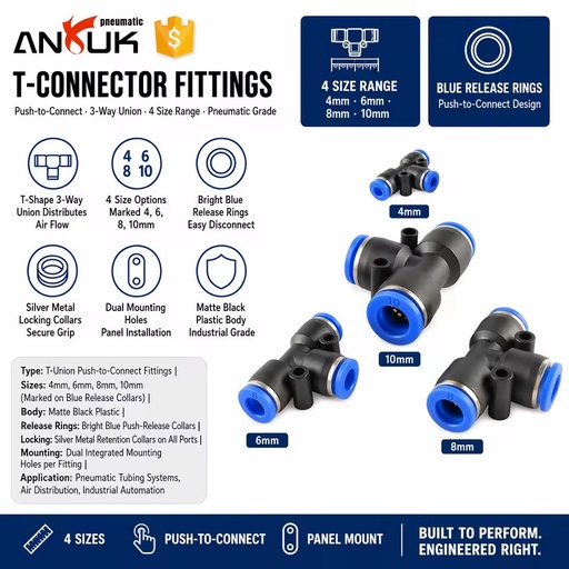 ANRUK Plastic Pneumatic Tee Connector G1/4 Thread to 8mm Tube Air Line Splitter Fitting One-touch Fittings