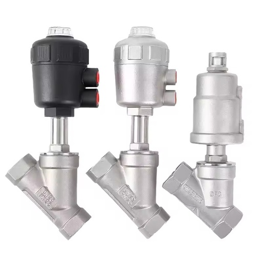 Pneumatic Threaded Angle Seat Valve Stainless Steel Finish PTFE Sealing Medium Temperature Fnpt X Fnpt Connection Water