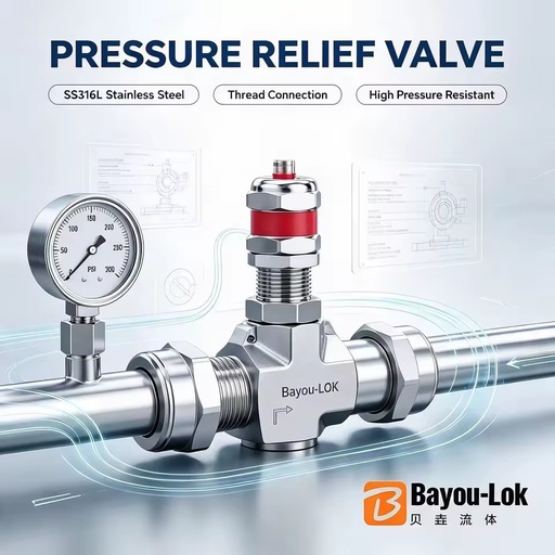 Valve Fitting 316LSS Forged Polished Three-Way Relief Valve, Double Ferrule Tube Safety Unloading Valve for Industrial Pipelines