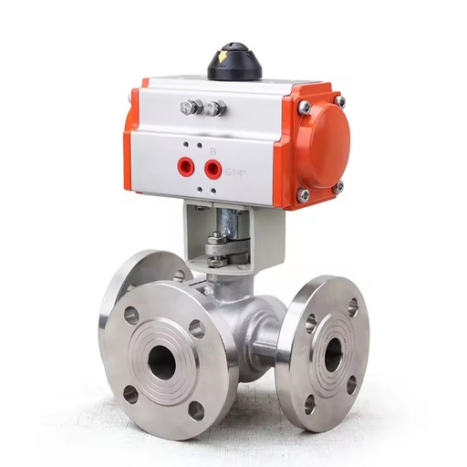 DQ Pneumatic three-way ball temperature resistance 304 T-shaped L-shaped Stainless Steel Pneumatic Three-way Flange Ball Valve