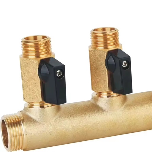 50mm Brass Linear Manifold with Mini Ball Valves, 1" & 3/4" FM Inlets and 1/2" Outlets