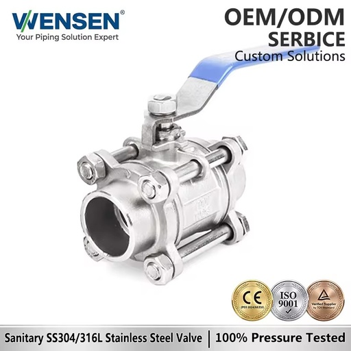 Wensen 304 Stainless Steel 3-Piece Welded Ball Valve - Butt Weld Water Valve with Handle 1/2" 3/4" 1"