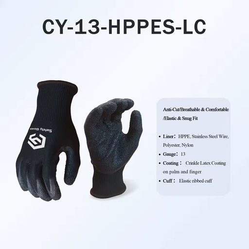 CY High Visibility HPPE Latex Crinkle Grip ANSI A7 Anti Cut Safety Gloves Construction Industrial Cut Resistant Work Gloves