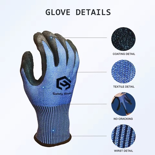 CY Professional Latex Crinkle Palm Coated EN388 ANSI A5 Cut Resistant Gloves Heavy Duty Industrial Work Gloves for Construction