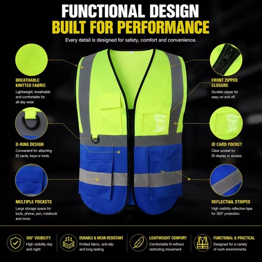 Ansi Class 2 Two Tone Safety Vest Hi Vis Yellow Blue With D Ring Id Holder Bellows Pockets V Neck Zip for Construction Crew