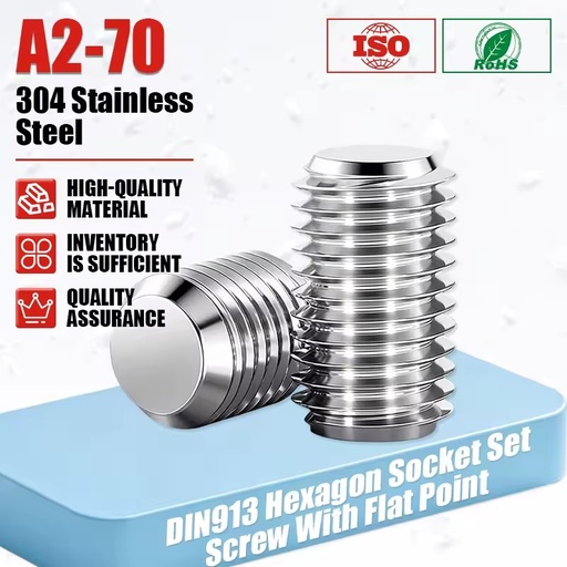 Hexagon Socket Set Screws with Flat Point DIN913 304 Stainless Steel A2-70 Allen Headless Grub Screws M3-M8