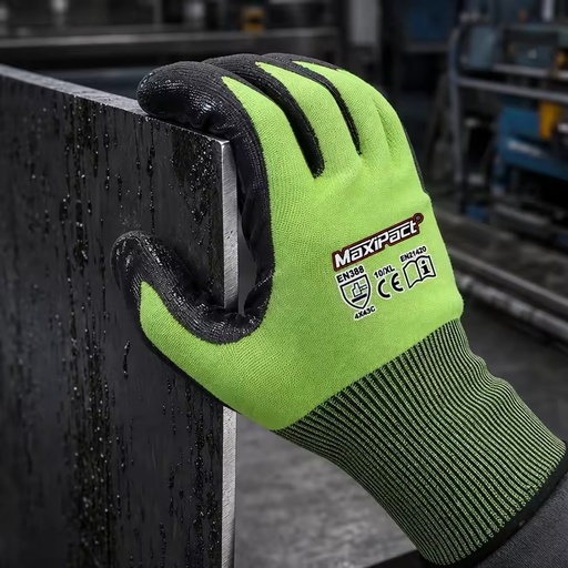 MaxiPact ANSI Cut Level 3 HPPE Safety Gloves Nitrile Smooth Coated Anti Slip for Metal Fabrication Construction Handling Safety