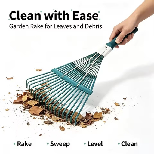 Durable 22 Steel Wire Tines Grass Rake with 1.2m Wood Handle for Outdoor Garden Leaf Collection