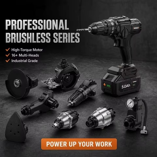 Brushless Multi Purpose Power Tool Set 21V Cordless 16 in 1 Combo Kit Interchangeable Heads Electric Drill Wrench Saw