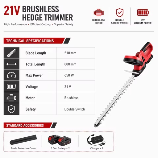 Efficient 21V Brushless Cordless Hedge Trimmer 20 Inch Cutting Length Agricultural Landscaping Tool Outdoor Yard Trimming