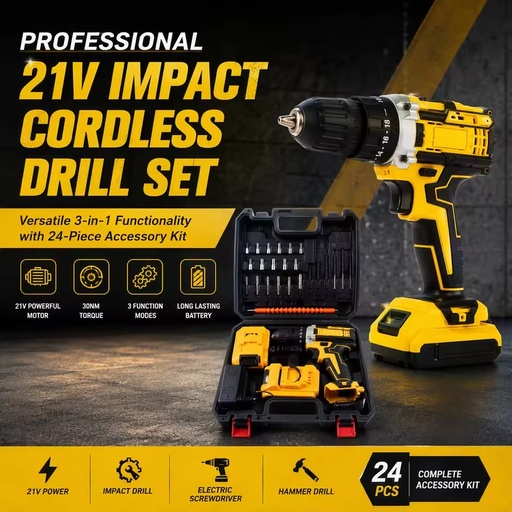 20V Cordless Impact Drill 30NM High Torque Electric Screwdriver 10mm Chuck Dual Speed Hammer Power Tool Set Household DIY