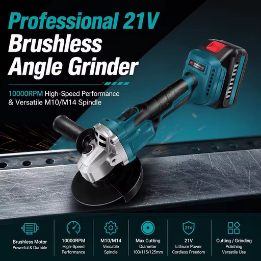 Industrial 20V Brushless Angle Grinder Heavy Duty High Power Metal Stone Wood Surface Finishing Disc Guard Performance