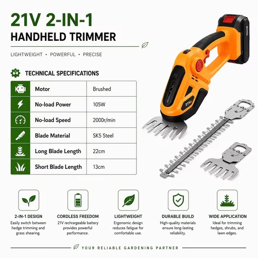 3.6V 7.4V 21V Cordless Hedge Trimmer Lightweight Rechargeable Handheld Lawn Edger Portable Yard Maintenance DIY Garden