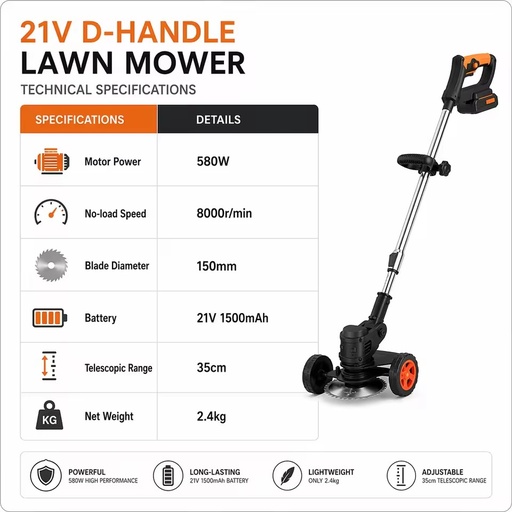 20V Cordless Grass Trimmer 580W High Speed 8000rpm Electric Brush Cutter With Wheels Telescopic Stainless Steel Mower
