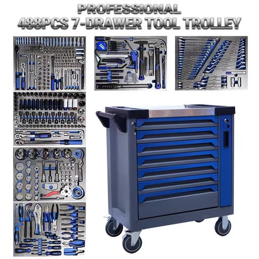 7 Drawer Rolling Tool Cart With 488Pcs Complete Industrial Hand Tool Set for Auto Repair Garage Workshop Mechanic