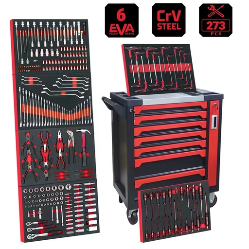 273PCS 7 Drawers Rolling Tool Trolley Cabinet with 6 EVA Foam Trays CrV Steel Auto Repair Mechanic Hand Tool Set