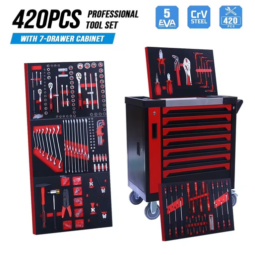 420pcs Tool Cabinet Trolley Rolling Tool Chest Set Mechanic Hand Tools Kit for Workshop Garage Repair