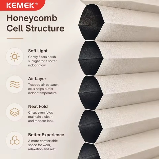 KEMEK No Drill Cordless Day Night Honeycomb Blinds Rechargeable Blackout Custom Size, Cellular Shades