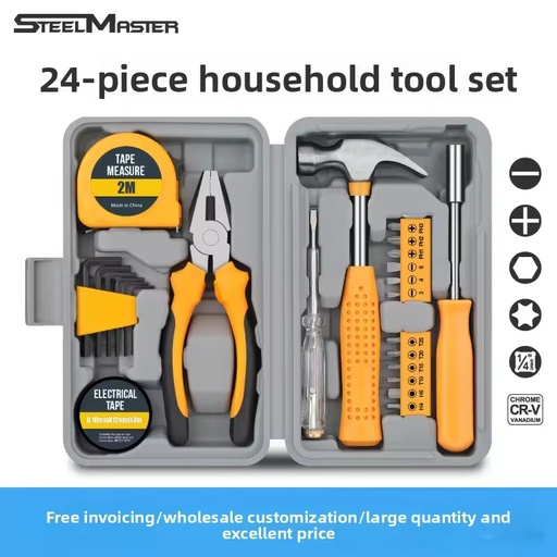 Multi-functional Carbon Steel Repair Tool Set with Allen Wrenches Screwdrivers Pliers Hammer Tape Measure and Toolbox