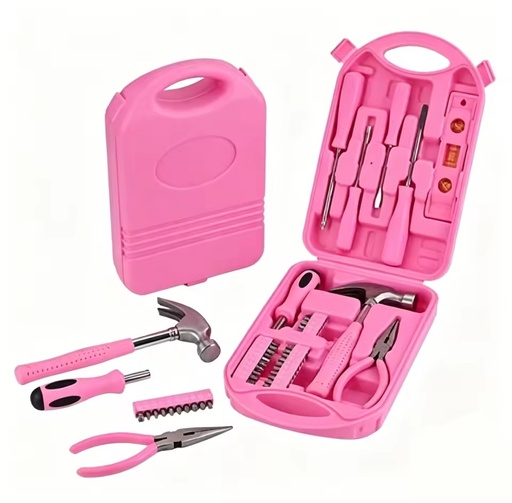 Women Ladies Home Repair Tool Set with Hammer Pliers Screwdriver Portable Plastic Tool Box Kit for Daily Use Gift Set
