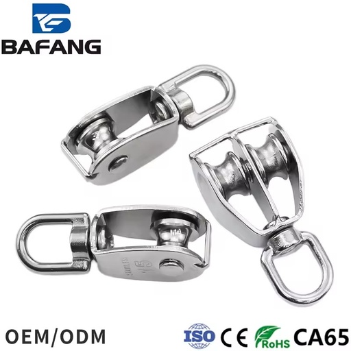BF Brand Stainless Steel Polished Pulley Block 304 Double Wheel Swivel Eye Hook Carton Wire Rope Lifting Rigging Heavy Industry